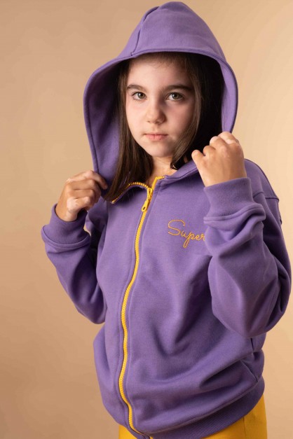 Μοβ Φούτερ Παιδική Ζακέτα Με Κουκούλα