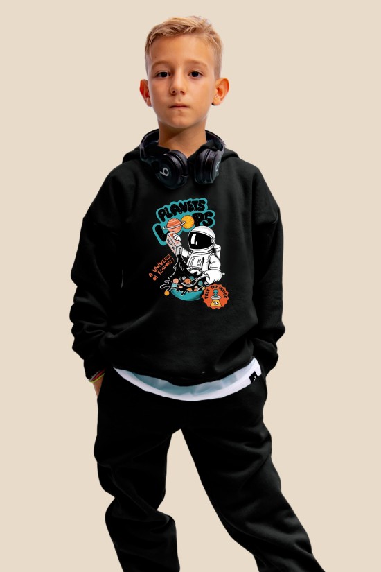 Μαύρο Oversized "Planets" Παιδικό Φούτερ Hoodie Σετ