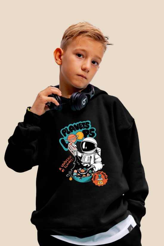 Μαύρο Oversized "Planets" Παιδικό Φούτερ Hoodie Σετ