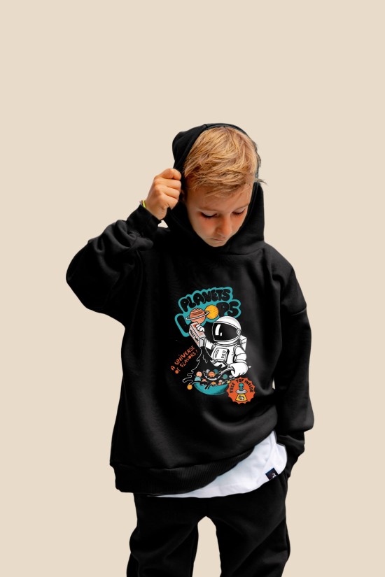 Μαύρο Oversized "Planets" Παιδικό Φούτερ Hoodie Σετ