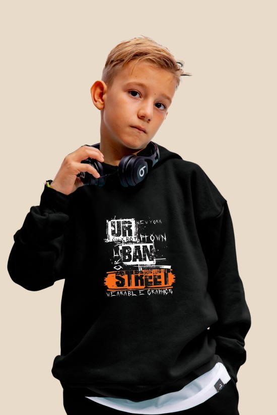 Μαύρο Oversized "Urban Street" Παιδικό Φούτερ Hoodie Σετ