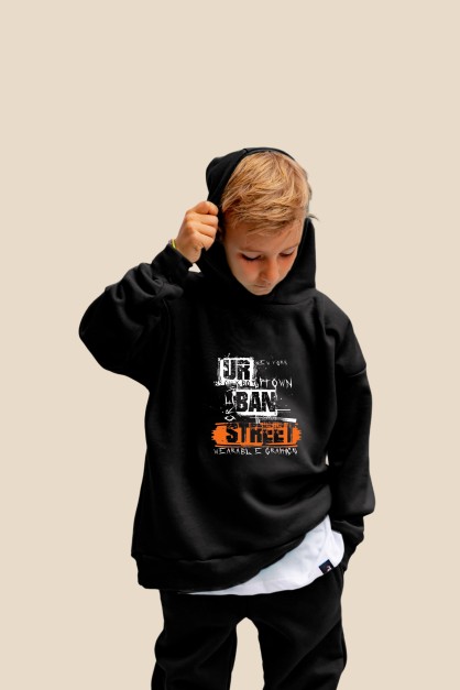 Μαύρο Oversized "Urban Street" Παιδικό Φούτερ Hoodie Σετ