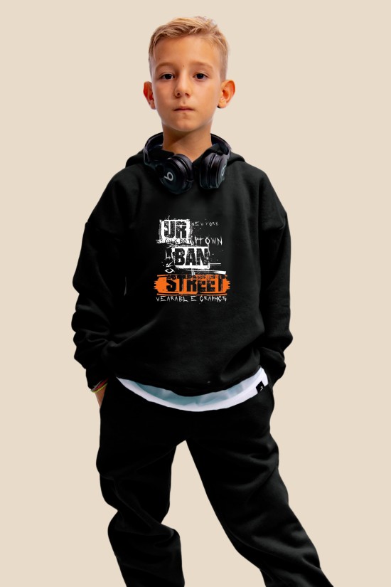 Μαύρο Oversized "Urban Street" Παιδικό Φούτερ Hoodie Σετ